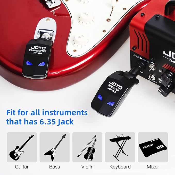 JOYO 2.4GHz Wireless Guitar System Rechargeable Transmitter and Receiver 4 Selectable Channels, 5ms Low Latency, 65ft Range, Up to 8 Hour Battery for Electric Guitar, Bass & Acoustic (JW-03)
