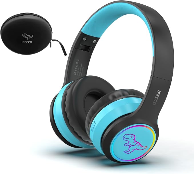 IFECCO Wireless Kids Boys Headphones with Microphone,Cute Light Up Dinosaur Children Boys Bluetooth Headphones with Case for School Travel Gifts