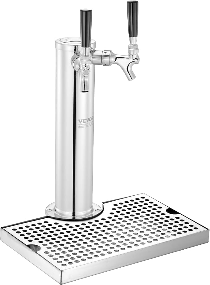 VEVOR Kegerator Tower Kit, Dual Taps Beer Conversion Kit, Stainless Steel Keg Beer Tower Dispenser with Dual Gauge CGA320 Regulator & D-System Keg Coupler, Beer Drip Tray for Party Home