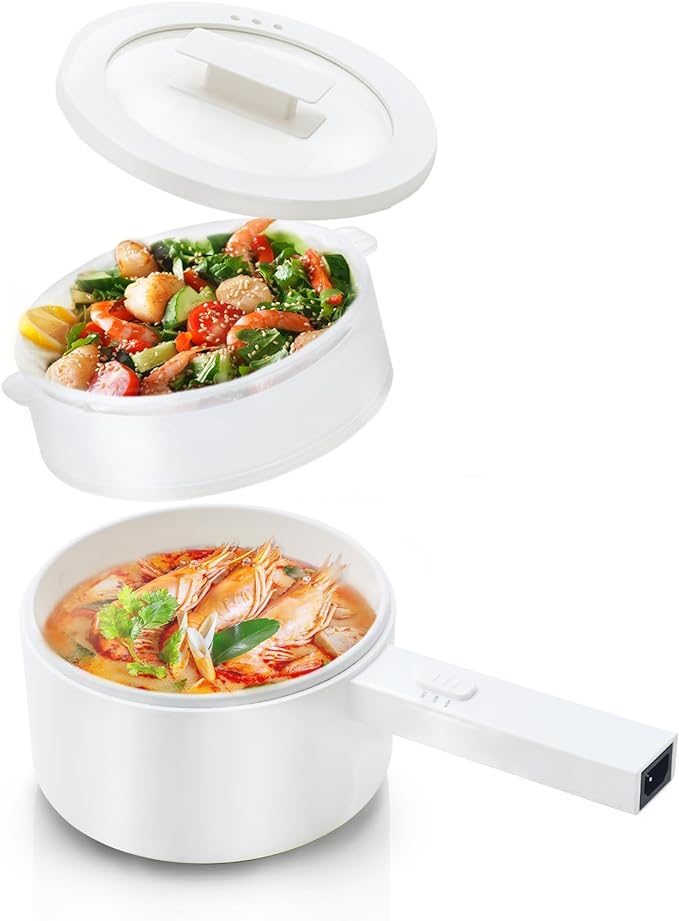 Electric Hot Pot with Steamer, 1.5L Ceramic Glaze Non-stick Portable Pot, Dual Power Multi-functional Electric Cooker, Suitable for Steak, Pasta, Hot Pot, Ramen, Electric Pot for Dorm(with steamer)