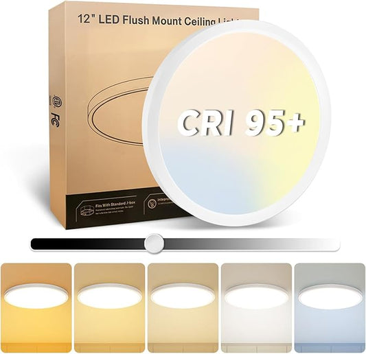 1Pack 12 Inch LED Flush Mount Ceiling Light, 25W, 3000LM, CRI 95+, 2700K-5000K 5Color Selectable & Dimmable, White Thin Flat Surface Mount Lights for Bedroom, Hallway, Dining Room, Garage