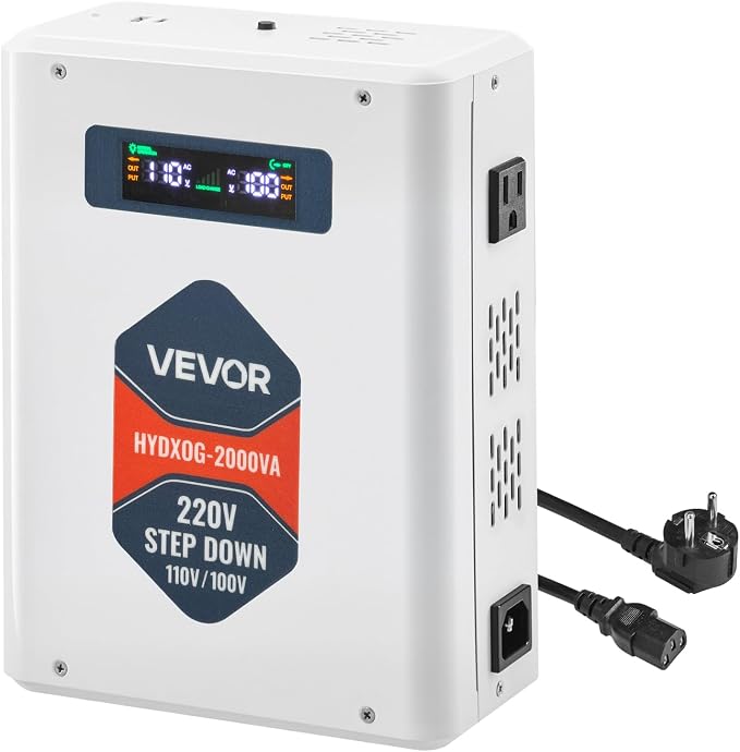 VEVOR Step Down Voltage Converter, 2000VA, Heavy Duty Voltage Power Converter, 220V to 110V Power Transformer, with 2 US Outlets, USB Output, LCD Display, Temperature Protection, for 110V Appliances