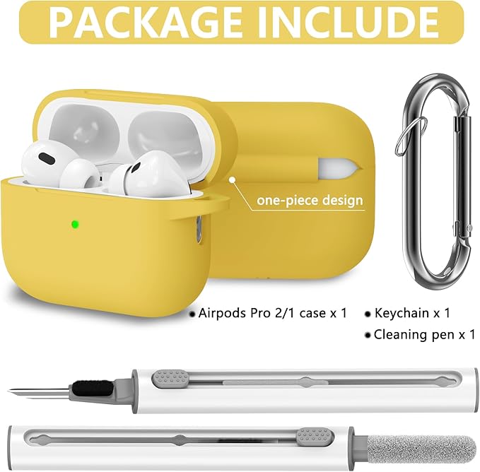 Ljusmicker for AirPods Pro Case Cover with Cleaner Kit,Soft Silicone Protective Case for Apple AirPods Pro 2nd/1st Generation Case for Women Men,AirPod Pro 2 Case Accessories with Keychain-Yellow