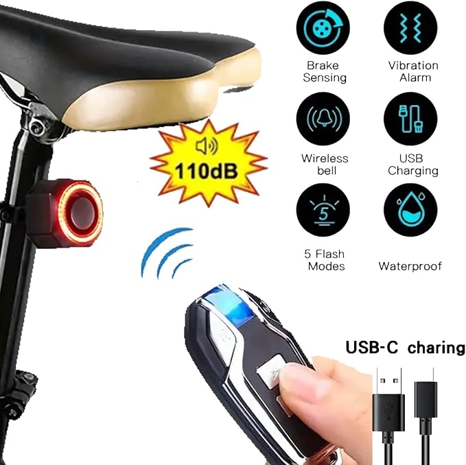 Bike Tail Light,Anti-Theft Bicycle Alarm Horn Wireless Remote Control USB Charging Smart Auto Brake Sensing IP65 Waterproof 110db Electronic Alarm Bell, Black