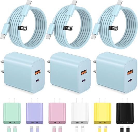 iPhone 17 16 15 Charger Fast Charging USB C Charger Block Type C Chargers Charging Block with 3 Pack 10FT Cable for iPhone 17/17 Plus/17 Pro Max/16/16 Plus/16 Pro Max/15 Pro Max/iPad Pro(Blue)
