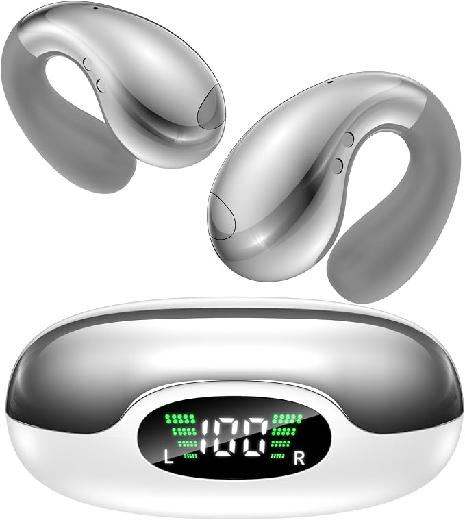 Boytond Ultra Open Ear Earbuds, Comfort Clip On Earbuds, Wireless Bone Conduction Headphones with Bluetooth 5.3, Fast Charging Fast Charging for Running, Sports, and Travel, Glaze Silver