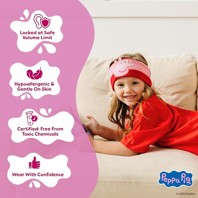 Peppa Pig Headphones - Kids Headband Headphones - Bluetooth Wireless Headband - Comfortable Headphones for Plane - Safe Volume Limit - Adjustable, Travel, School, and Sleep (Peppa Pig)