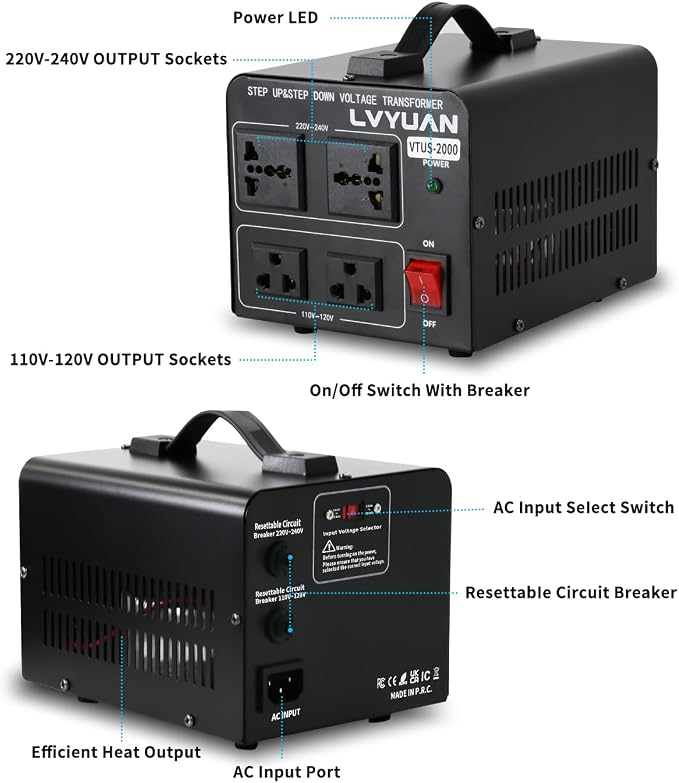 LVYUAN Voltage Transformer Converter 2000 Watt Step Up/Down Convert from 110-120 Volt to 220-240 Volt and from 220-240 Volt to 110-120 Volt with 2 US outlets, 2 Universal outlets