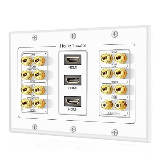 TNP Home Theater Wall Plate - 3-Gang 7.2 Surround Sound Distribution w/Premium Gold Plated Copper Banana Binding Post Coupler for 7 Speakers, 2 RCA Jack for Subwoofer, 3 HDMI Port for UHD 4K HD 1080P