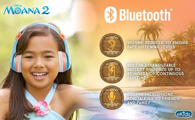 Disney Moana 2 Bluetooth Headphones for Kids Wireless Headphones for School | Volume Reduced and Built-in Microphone