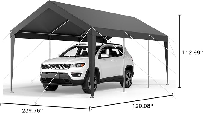 VEVOR Carport, 10 x 20 FT Outdoor Car Canopy, Potable Carport, Heavy Duty Galvanized Car Shelter, UV-Resistant & Water-Resistant, All-Season Protection, Storage Shed for Car Boat Motorcycle Grey