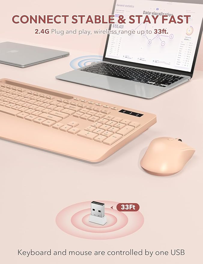 SABLUTE Wireless Keyboard and Mouse, Wrist Rest, Phone Holder, Batteries Included, 2.4G Lag-Free Ergonomic Keyboards Mouse Combo, Silent Cordless Set for Computer, Laptop, Mac, Windows (No Backlit)