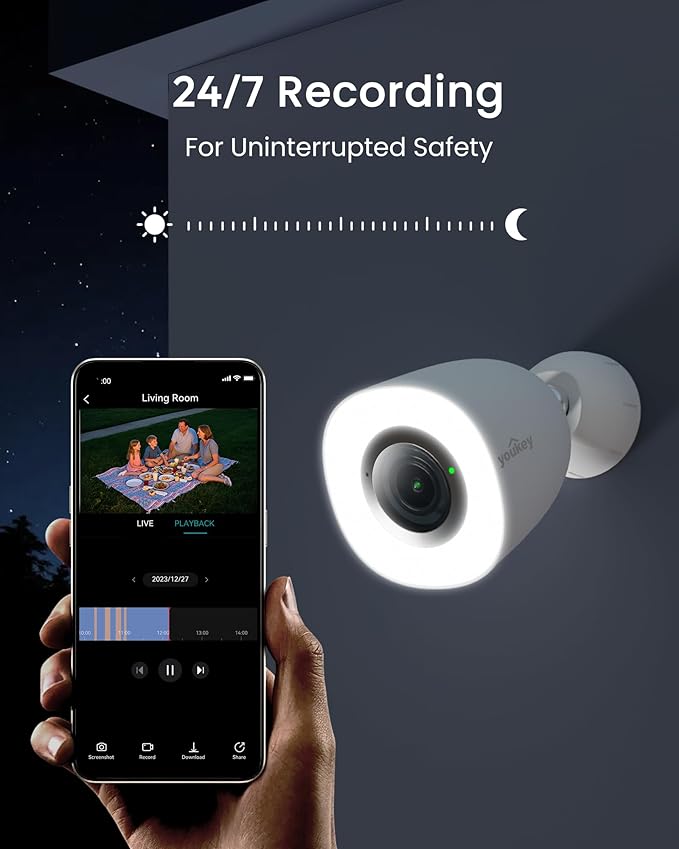 youkey 4K Outdoor Security Camera with Adjustable Ring Light, No Monthly Fees, Plug-in WiFi 6, F1.0 Color Night Vision, 24/7 Recording, AI Human & Vehicle Detection, IP67, Works with Alexa & Google