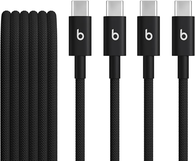 Beats USB-C to USB-C Woven Cable 2 Pack Fast Charging Durable/Tangle-Free Compatible Charger for Apple & Android Devices (1.5 m, 5 ft) - Bolt Black