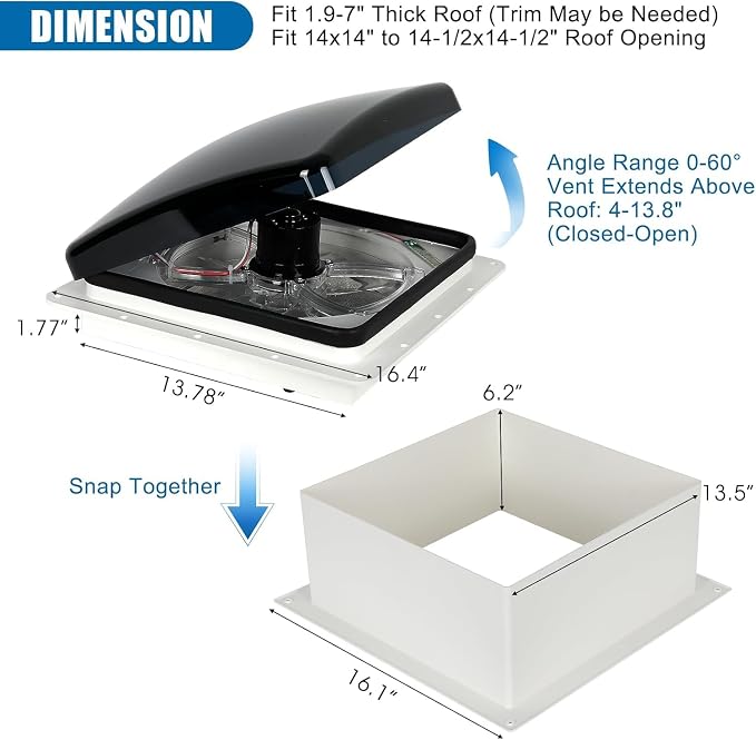 Upgraded Remote Control RV Roof Vent Fan, 12V DC 14" Quiet RV Roof Fan with Rain Sensor, 10-Speed, Reversible
