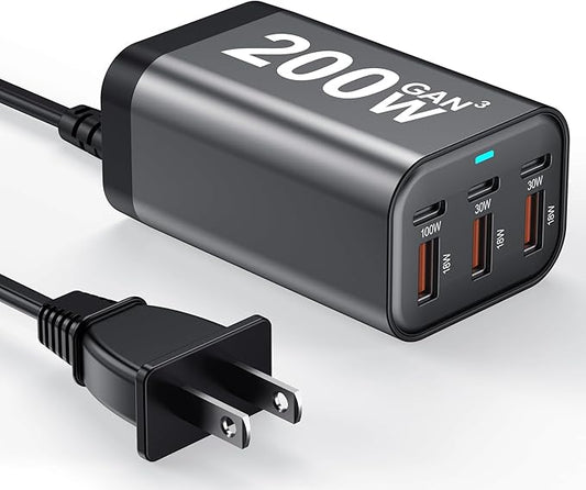200W USB C Charger 6 Port PD 100W 65W 45W 20W GaN Wall Charger Adapter Plug USB A Fast Charging Station Block for MacBook Pro/Air, iPad, iPhone 17 16 Galaxy S26 Pixel Dell Laptop Type C Phone Android