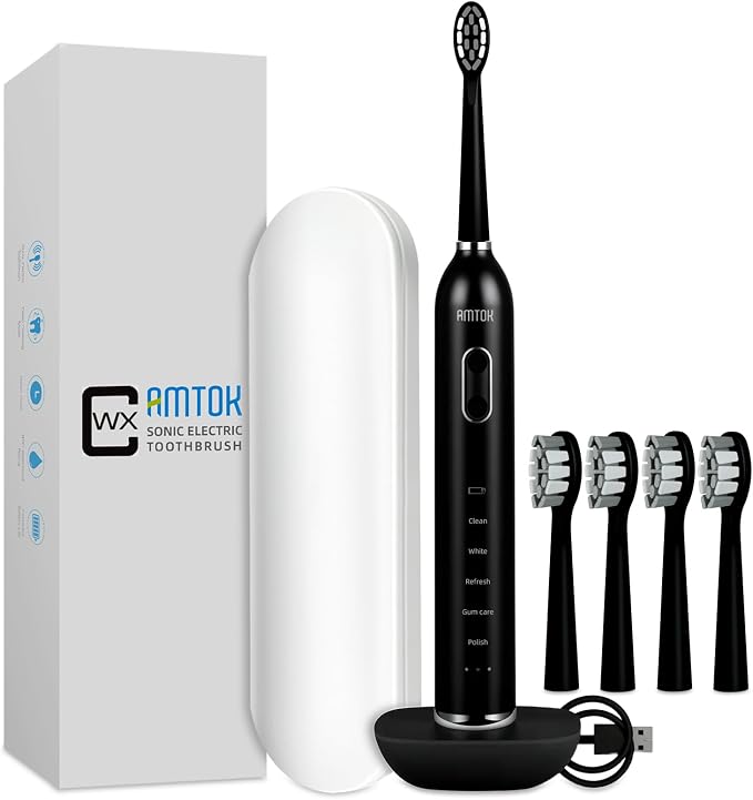 CWX Sonic Rechargeable Electric Toothbrush, Cordless with Fast Wireless Charging, 5 Cleaning Modes & 3 Intensity, 60-Day Battery Life, 4 Brush Heads, Travel Case, IPX7 Waterproof
