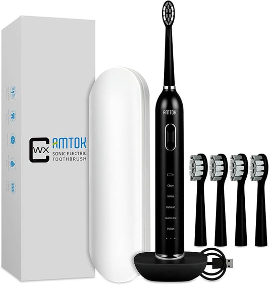 CWX Sonic Rechargeable Electric Toothbrush, Cordless with Fast Wireless Charging, 5 Cleaning Modes & 3 Intensity, 60-Day Battery Life, 4 Brush Heads, Travel Case, IPX7 Waterproof