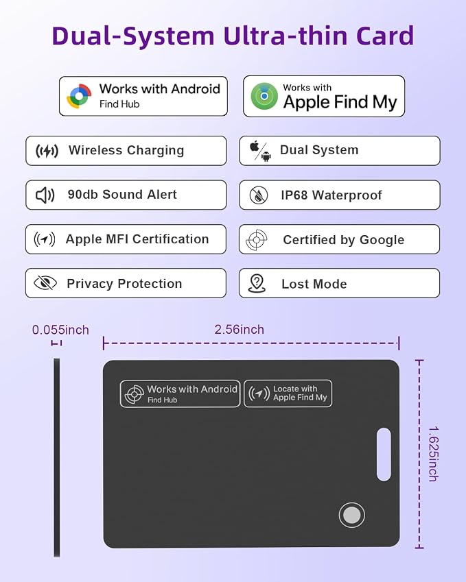 Thin Wallet Tracker Card, Find My or Google'S Find Hub App, Dual System Both iOS and Android Tracker Card, Item Finder for Luggage Passports, Phone,IP68 (1-Black)
