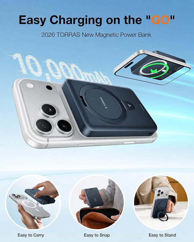 TORRAS EasyGo 10000mAh Magnetic Portable Charger Power Bank for iPhone, Fast Charging Travel Essential Wireless Battery Pack with Stand Compatible with Magsafe,17 Pro Max,Pro,16,15,14,13,12, Deep Blue