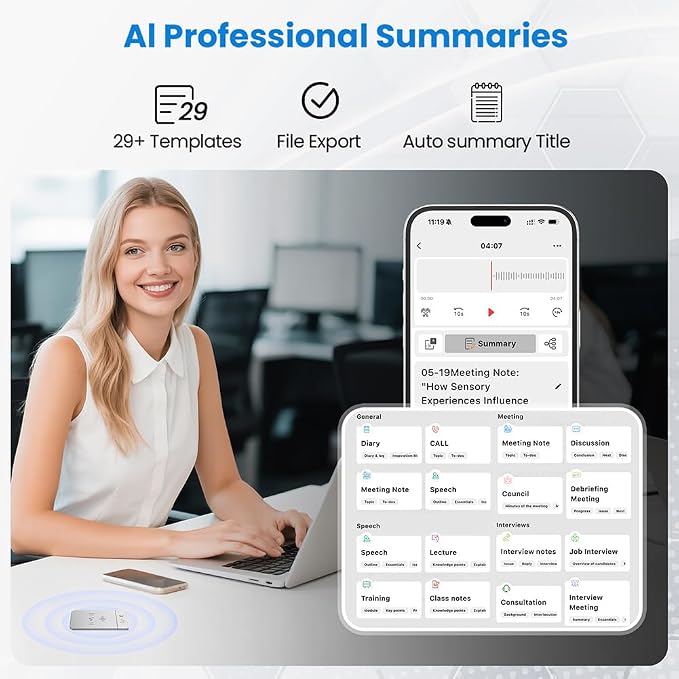 AI Voice Recorder, 64GB Audio Note Recorder with Transcribe&Summarize Free 1200 min of Transcription, App Control, Supports 112 Languages, Magnetic Case for Lectures Meetings Calls