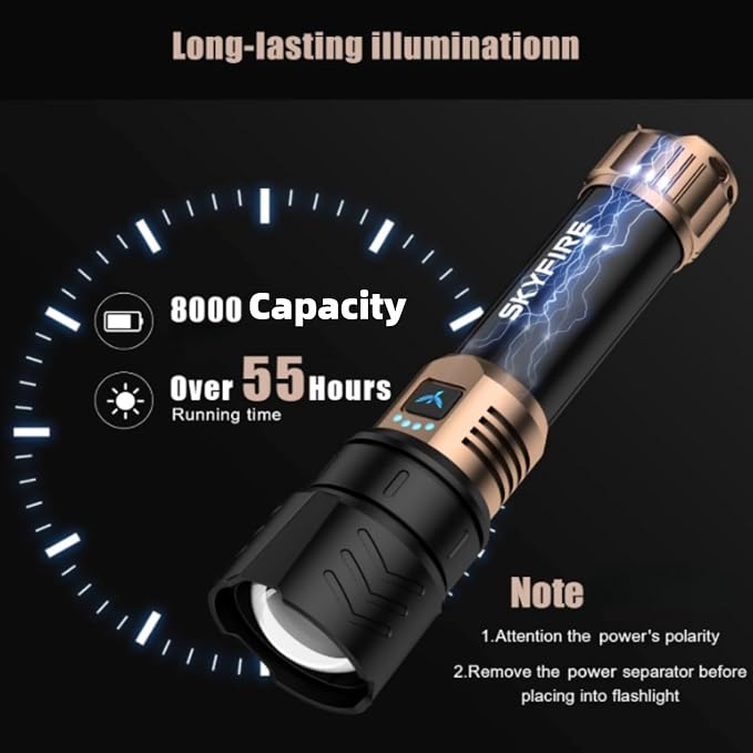 SKYFIRE Rechargeable Flashlight High Lumens,8000mAh Super Bright Flashlight,Zoomable,4 Modes,Waterproof LED Flash Light for Camping Essentials,Outdoor and Home Emergencies-No Lens