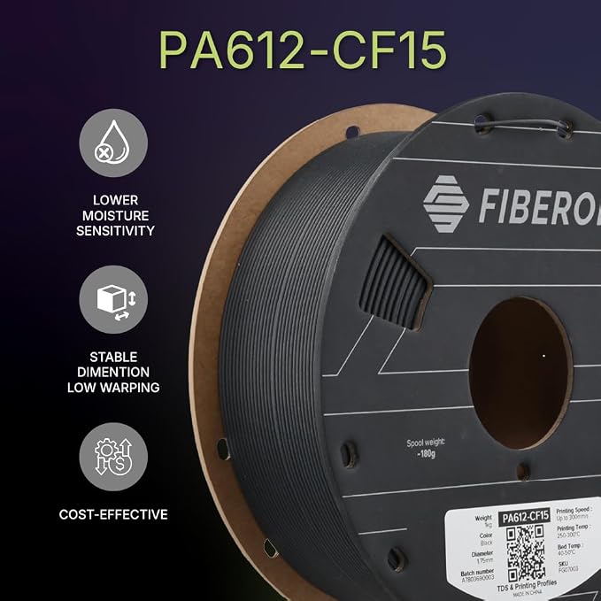 Polymaker Fiberon PA612-CF15 Carbon Fiber Nylon Filament 1.75mm Black 1kg, Fiberon PA612-CF15 Strong & Low Moisture Sensitive Nylon 1.75mm 3D Printing Filament