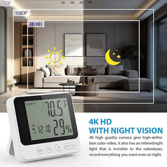 MINI-Hidden-WIFI -Wireless-Secruity-Camera,4K Real FULL HD Nanny Cam With Hygrometer Thermometer Clock,Night Vision&Motion Detection Alerts.Mobile Phone APP Control,Support 2.4G &5G For Home Office