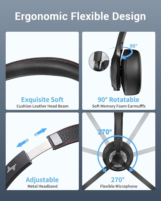 Bluetooth Wireless Headset with Mic for Work, Bluetooth 5.2, Advanced Noise Reduction Microphone, Clear Calls - Comfortable On-Ear Headphones, Applicable to PC, Laptop, Phone, Android, Zoom, Office
