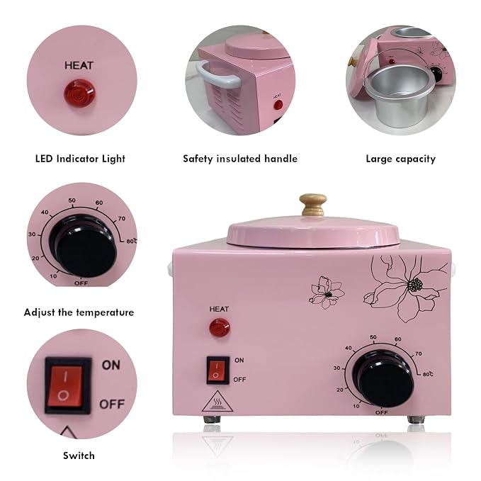 Portable Single Pot Wax Warmer for Painless Hair Removal, Fast Temperature Adjustable Wax Heater with Large Wax Pot for Facial Skin Body SPA Salon Equipment Beauty Salon (Pink-Single Pots)