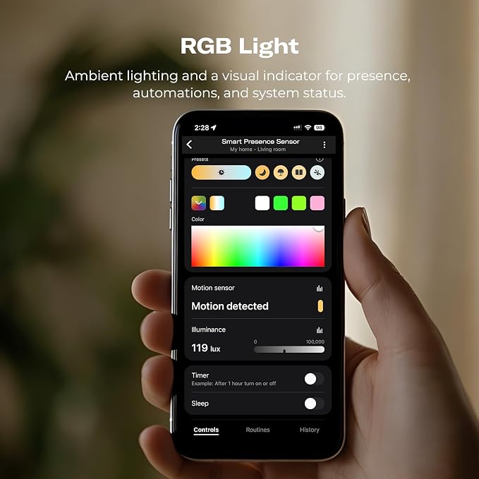 THIRDREALITY Smart Presence Sensor R3, 60GHz mmWave Radar, USB-C Powered, RGB Light with Status Indication, Illumination Sensor, Zigbee Repeater, Compatible with Home Assistant(ZHA&Z2M), SmartThings