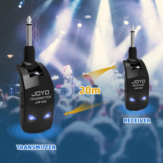 JOYO 2.4GHz Wireless Guitar System Rechargeable Transmitter and Receiver 4 Selectable Channels, 5ms Low Latency, 65ft Range, Up to 8 Hour Battery for Electric Guitar, Bass & Acoustic (JW-03)