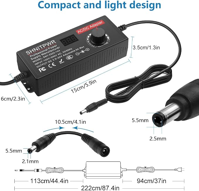 SHNITPWR Universal Power Supply DC 24V 12V 5V 6V 9V 14V 19V Adjustable AC/DC Adapter 100V~240V AC to DC Variable Power Converter Multi-Voltage 4V ~ 24V 6A 144W Power Adapter 14 Tips LCD Display