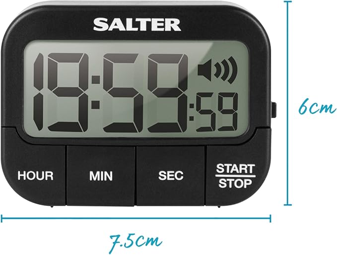 Salter Kitchen Digital Display Count up or Countdown Timer, Adjustable Loud Beeper, Large Start/Stop Button, Memory Function, Magnetic or Self Standing-Black, Plastic