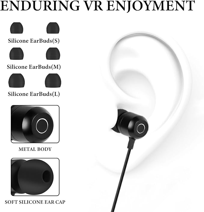 GEEKRIA VR in-Ear Headphones Compatible with Pico Neo 3, HTC Vive, Short Earbuds with S/M/L Size, 3.5 mm Aux 360 Degree Sound Earphone (Black)