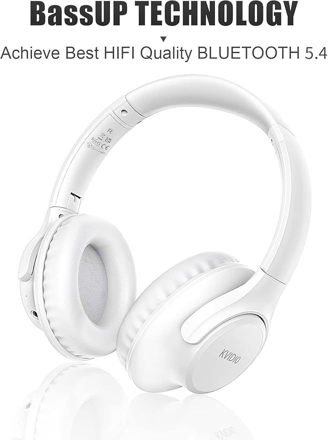 KVIDIO Bluetooth Headphones Over Ear, 65 Hours Playtime Wireless Headphones with Microphone, Foldable Lightweight Headset with Deep Bass, HiFi Stereo Sound Low Latency for Laptop PC Cellphone