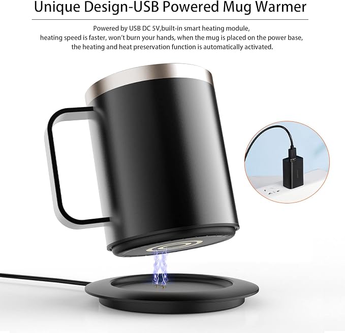 Smart Temperature Control Coffee Mug for Desk,Heated Cup with 10Hrs Auto Shut Off, USB Powered Mug Warmer Set (12oz-Black)