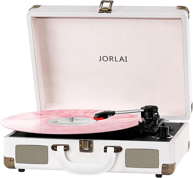 Record Player 3 Speeds Turntable with Bluetooth Built-in Battery Stereo Speakers Vintage Record Player Belt Driven Portable Suitcase PC Recording White