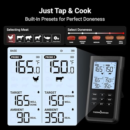 ThermoMaven 3000FT Smart Wireless Meat Thermometer – Sub-1G Long Range, 6 Sensors NIST Certified Accuracy, 2 Thin Probes, Standalone Base with Large LCD for Grill, Smoker, Oven, BBQ, Black