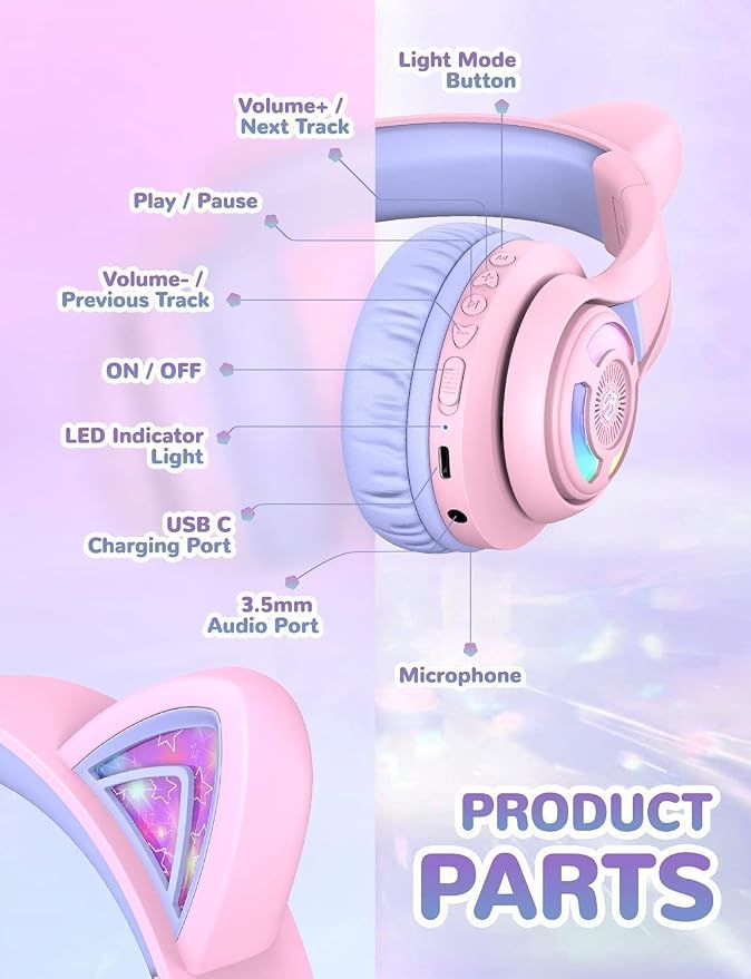 iClever Cat Ear Kids Bluetooth Headphones, LED Lights Up, 74/85dBA Safe Volume Limited, 50H Playtime,Bluetooth 5.2, USB C,Kids Headphones Wireless Over Ear for Travel iPad Tablet, Meow Macaron-Purple