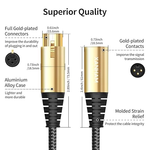 XLR Cable 50 Feet/15.3 Meter 3 Pin Microphone Female to Male Balanced Shielded Cable, Fibre Braiding with 22AWG Oxygen-Free Copper(OFC) Mic Cord for Speaker and Audio System