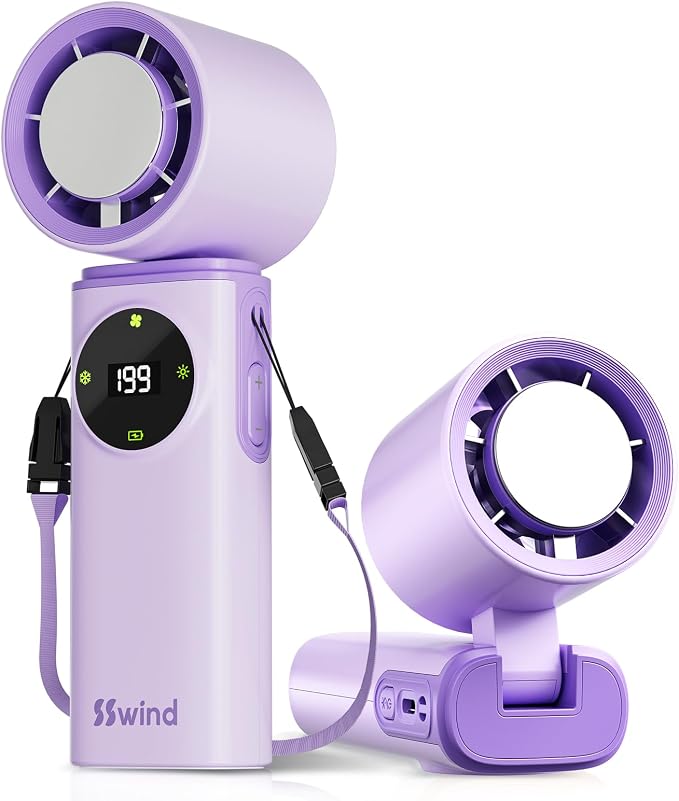 6000mAh Portable Handheld Fan with Ice Cooling, 199 Levels Stepless Speed, 20H Long Battery Life, 20000RPM Turbo Fan Rechargeable Personal Mini Fan for Travel, Outdoor, Makeup (Purple)
