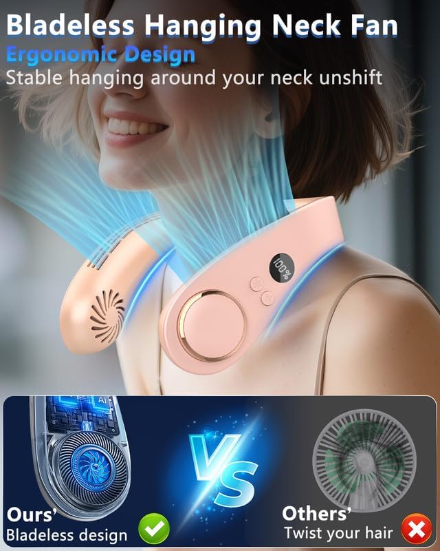 Neck Ac Air Conditioner,Portable Ice Frozen Neck Cooler with Cold Plate,Long Lasting No Blades Soundless Headset Cooling Fan Neck,Cordless Chargable Best Coldest Neckband Fans for Adult Kid Child Pink