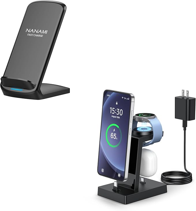 NANAMI Fast Charger for Samsung Galaxy Watch 6/5/4/3, Stand for Galaxy S24/S24+/S24 Ultra/S23/S22/S21/S20, Buds Pro, Wireless Charging Stand for iPhone 16/15/15 Pro/15 Plus/15 Pro Max/14/14 Pro/13/12