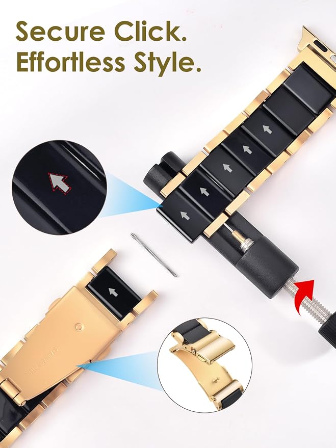 V.R.HOPE Gold Stainless-Steel Metal Resin Apple Watch Band 38mm 40mm 41mm 42mm Fashion Bracelet Strap for Women Compatible with iWatch Series 11/10/9/8/7/6/5/4/3/2/1/SE (Black+Gold)