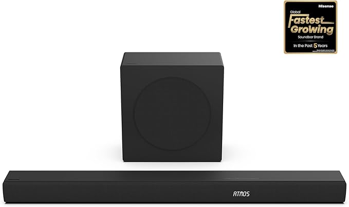 Hisense AX3100Q 3.1Ch Sound Bar with Wireless Subwoofer, Dolby Atmos, DTS:X, Bluetooth 5.3, Roku TV Ready, HDMI/AUX/ARC/Optical/USB, EzPlay, 7 EQ Modes