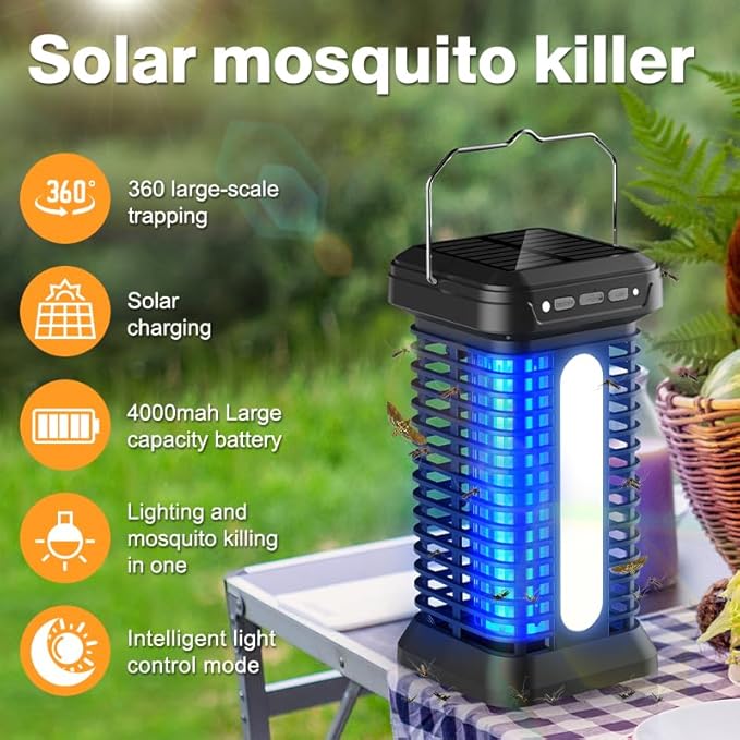 Syluris Bug Zapper Outdoor Indoor, Upgraded 3 in 1 Solar Mosquito Zapper Portable Rechargeable with LED & Control Auto On/Off, Waterproof Fly Zapper for Patio, Backyard, Farm, Kitchen, Living Room