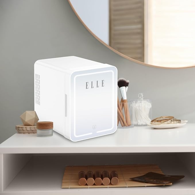 ELLE 4L Mini Cooler Fridge with LED Makeup Mirror for Skincare & Cosmetic Storage Cooler & Warmer Removable Shelf Carrying Handle AC DC Power Options Small Refrigerator for Bedroom Car Office White