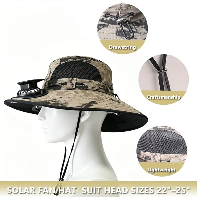 Solar Fan Hat Rechargeable 2Detachable Solar Fans,Water-Repellent Wide Brim Bucket Hat, Outdoor Camping Hiking Golf Sun Hat