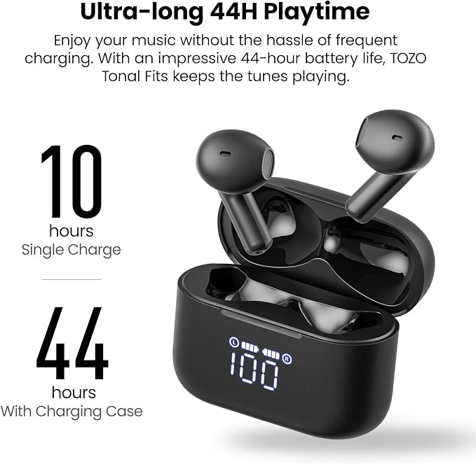 TOZO T21 Wireless Earbuds Bluetooth 5.3 in Ear Headphones Dual Mic Call Noise Cancelling IPX8 Waterproof 44H Playback Stereo Sound with LED Display Wireless Charging Case 32 EQs via APP Black